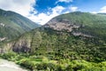 Utcubamba river valley with ruins of Macro, group of pre-Inca dwellings and burial chambers built on the side of a Royalty Free Stock Photo