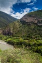 Utcubamba river valley with ruins of Macro, group of pre-Inca dwellings and burial chambers built on the side of a Royalty Free Stock Photo