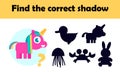 ÃÂ¡ute animal: unicorn. Find the correct shadow  educational game for kids. Children entertainment  learning preschool game. Funny Royalty Free Stock Photo