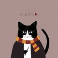 ÃÂ¡ute black cat Harry Potter with a magic wand brown cloak and striped scarf. Harry Potter fan art.