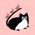 ÃÂ¡ute black cat with a pink birds on his tail. Doodle vector illustration. Royalty Free Stock Photo