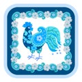 ÃÂ¡ute cartoon blue cockerel made from scraps of fabric with a paisley wing and a comb of flower petals Royalty Free Stock Photo
