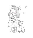 Ute cartoon girl with a cat and a rabbit. Baby with animals. Illustration for colorin book