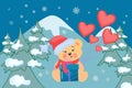 ÃÂ¡ute cartoon teddy bear in a warm hat holds a gift and balloons. Mountains and firs