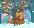 ÃÂ¡ute child and bear eat ice cream in a festive forest, bright c