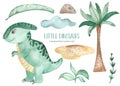 Watercolor set with cute dinosaurs kids, parasaurolophus, palm tree, plants of the ancient world