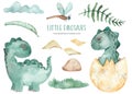 Watercolor set with cute dinosaurs kids, plants, shells, cloud, dragonfly