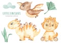 Watercolor set with cute dinosaurs kids, triceratops, stegosaurus, pterodactyl