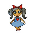 Ute doll-girl with black tails and two red bows. A doll in a blue dress with a red heart on her chest. Royalty Free Stock Photo