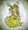 ÃÂ¡ute fairy girl in flowers with green teapot and tea cup Royalty Free Stock Photo