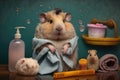 ?ute guinea pig or hamster wrapped in bathrobe, a kawaii hamster with fluffy fur standing in his tiny bathroom, looking at the