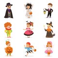 Ute happy little kids in different colorful halloween costumes set, Halloween children trick or treating vector