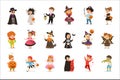 Ute little kids in colorful halloween costumes set, Halloween children trick or treating vector Illustrations