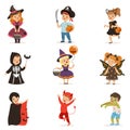 ute little kids in colorful halloween costumes set, Halloween children trick or treating vector Illustrations