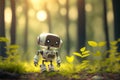 Ute little robot in the jungle with bokeh nature sunlight background. Generative AI