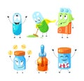 ÃÂ¡ute medical mascot pills character. Capsules, tablets in blister, pill, drugs smiling, juggling, running, jumping viruses and