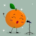 ÃÂ¡ute orange Smiley in a cartoon style sings into the microphone. Royalty Free Stock Photo