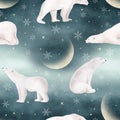 Cute Polar bear watercolor seamless pattern. Snowflakes stars moon background. Sweet animal print on winter night landscape. Royalty Free Stock Photo