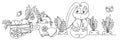 ÃÂ¡ute rabbit cart carrots bucket and spade butterflies sketch black outline different elements isolated on a white background