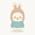 Cute rabbit dressed in a winter hat and sweater. Vector illustration in cartoon style for a New Year\'s card.