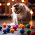 ute siberian kitten, maine coon cat sitting on the floor and playing with colorful balls on floor at home