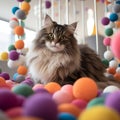 ute siberian kitten, maine coon cat sitting on the floor and playing with colorful balls on floor at home