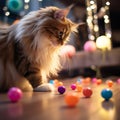 ute siberian kitten, maine coon cat sitting on the floor and playing with colorful balls on floor at home