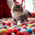 ute siberian kitten, maine coon cat sitting on the floor and playing with colorful balls on floor at home