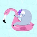 ÃÂ¡ute Sloth On Flamingo Float Rings. Flat Vector Illustration