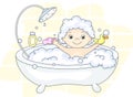 ÃÂ¡ute toddler bathing in the bath with foam and yellow duck. Cleansers and baby shampoo stand in the bath