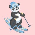 ÃÂ¡ute winter panda in a blue sports hat and glasses is skiing. Hand drawn style. Vector illustration