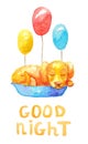 ÃÂ¡ute yellow puppy sleeping in a blue basket with three different colored balloons