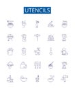 Utencils line icons signs set. Design collection of Utensils, cutlery, dishes, pots, pans, knives, forks, spoons outline Royalty Free Stock Photo