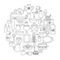 Kitchen doodles utensils, kitchenware, table ware set. Colouring page Royalty Free Stock Photo