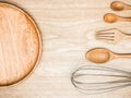 Utensil Kitchen Wooden and stainless whisk for cooking on wooden background. Top view white copy space.