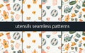 Utensil seamless pattern collection. Hand drawn textured colorful kitchen cartoon ceramic tableware, cute teapot, cup and bowl Royalty Free Stock Photo