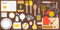 Utensils and ingredients for bakery on wooden background in top view