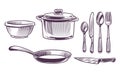 Utensils kitchen. Cooking metal chef equipment sketch style collection. Frying pan and saucepan, knife and fork, spoon