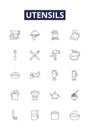 Utensils line vector icons and signs. kitchenware, appliances, tools, pots, pans, dishes, bowls, cups outline vector