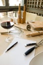 Utensils, notebook and wine Royalty Free Stock Photo