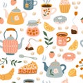 Utensils pattern. Tea time cozy items cups teapots and dishes illustrations for textile design projects recent vector Royalty Free Stock Photo