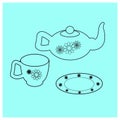 Utensils for tea. Outline vector illustration Teapot, cup and saucer with floral ornament. linear icon isolated on a Royalty Free Stock Photo