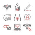 Uterine cancer. Symptoms, Causes, Treatment. Line icons set. Vector signs for web graphics.