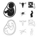 Uterus, apparatus of ultrasound, fertilization. Pregnancy set collection icons in black,outline style vector symbol