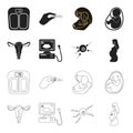 Uterus, apparatus of ultrasound, fertilization. Pregnancy set collection icons in black,outline style vector symbol