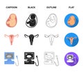 Uterus, apparatus of ultrasound, fertilization. Pregnancy set collection icons in cartoon,black,outline,flat style