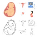 Uterus, apparatus of ultrasound, fertilization. Pregnancy set collection icons in cartoon,outline style vector symbol