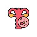 Uterus cancer, cervix with malignant tumor, vagina flat color line icon.