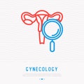 Uterus with magnifier thin line icon