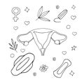 Uterus, sanitary pads, symbol of women, venus mirror set sketch hand drawn doodle. collection, icon, , monochrome, minimalism,